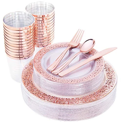 00000 150 Pcs Rose Gold Plastic Plates & Silverware & Disposable Cups, Laced Design Includes 25 Dinner Plates 10.25" 25 Dessert Plates 7.5" 25 Tumblers 25 Forks 25 Knives 25 Spoons For Party