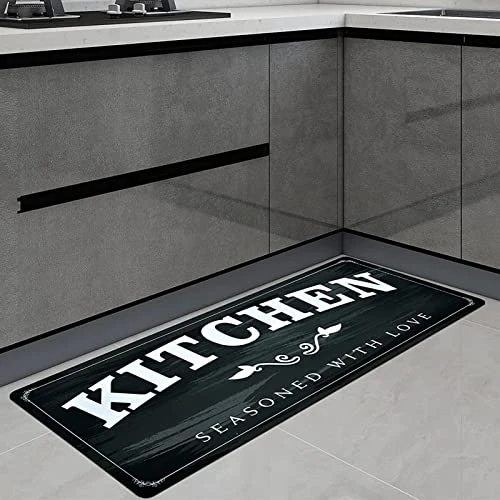 USTIDE Kitchen Runner Rugs Non Skid 20"x48",Durable Rubber Kitchen Mats Stain Resistant Thick Floor Mat Black White Kitchen Runner For Bathroom Washroom