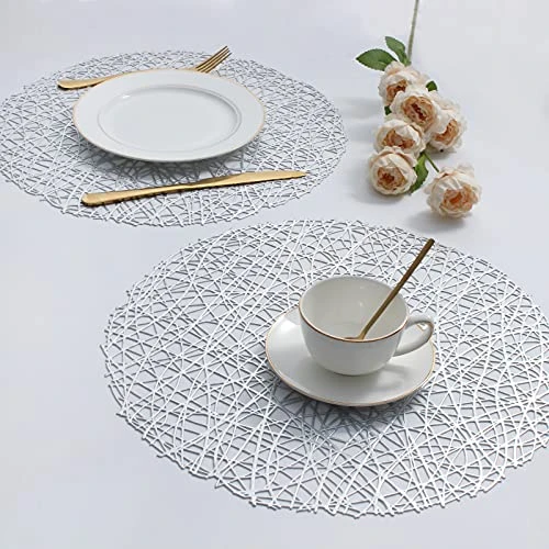 Silver Round Placemats For Dining Table Set Of 6 Metallic Pressed Vinyl Circle Table Mats Wipeable Hollowout Place Mats For Table Decor Holiday Wedding Accent Centerpiece(Line, Silver) - Image 3