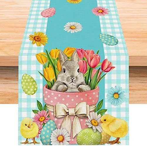 Linen Pink And White Buffalo Check Plaid Easter Table Runner 72 Inches Long Easter Egg Bunny Chick Daisy Tulip Floral Table Decor Spring Summer Easter Home Kitchen Dining Room Table Decorations - Image 11