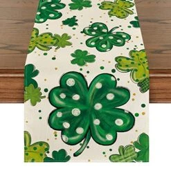 Watercolor Shamrock St. Patrick's Day Table Runner, Seasonal Spring Holiday Kitchen Dining Table Decoration For Indoor Outdoor Home Party Decor 13 X 72 Inch
