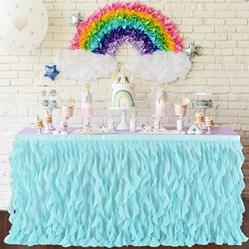 Mermaid Curly Willow Tulle Ruffle Table Skirt For Baby Shower,Baby Shark Birthday Party,Tutu Rectangle Table Skirt 6 Ft - Image 6