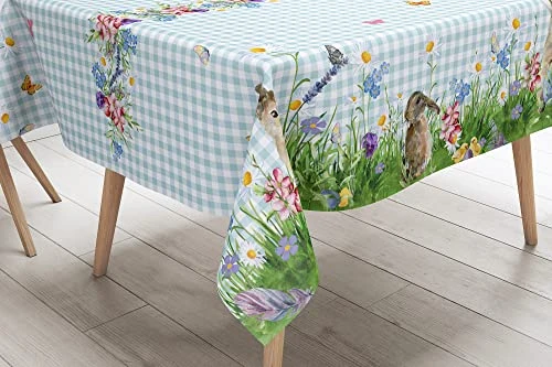 Easter Day Tablecloth Waterproof Fabric Cute Bunny Blue Buffalo Check Rectangle Table Cloth 60x84inch Happy Spring Party Dinning Room Table Decoration Cloth, Blue And White - Image 6