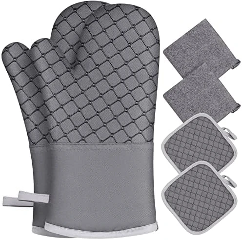 6Pcs Oven Mitts And Pot Holders, Oven Glove Heat Resistant 500β With Kitchen Towels Kitchen Mitts And Pot Holder Soft Cotton Lining And Non-Slip Silicone Surface For Baking, Cooking, BBQ(Grey) - Image 5