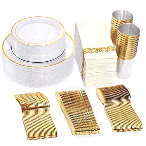 50 Guest Gold Plastic Plates With Disposable Cutlery& Gold Plastic Cups-Party Plates And Napkins Sets For Wedding