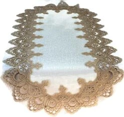 Table Runner With Gold European Lace And Antique Fabric, Size 34 X 15 Inches