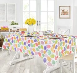 Colored Easter Egg Hunt Fabric Tablecloth - Decorated Polka Dot And Floral Easter Egg Print Easy Care And Stain Resistant Spring Fabric Tablecloth, 60” X 84” Oblong/Rectangle