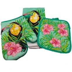 Pot Holder Set - Kitchen Linens (3 Pc) Relaxing Hibiscus And Tucans Off To The Tropics - Dish Towel - Oven Mitt - Pot Holder - Hand Towel - Kitchen Decor