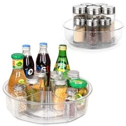 2 Pack Lazy Susan Organizer 12 Inch And 9" With Dividers, Clear Turntable Rotating Storage Container Bin For Kitchen Pantry Cabinet Fridge Undersink, Spice Rack Snack Skincare Organizer