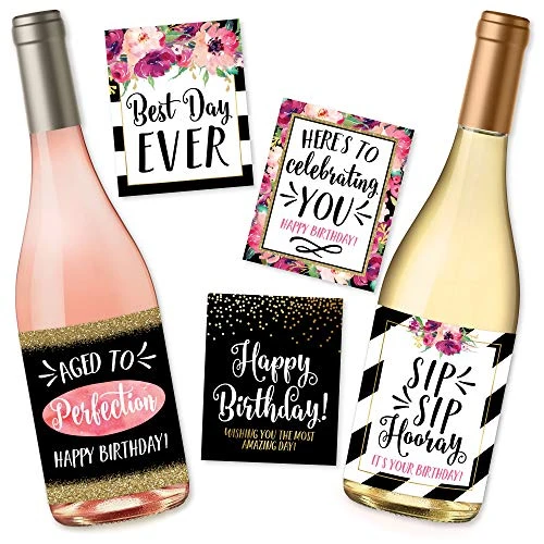 5 Birthday Wine Bottle Labels Or Stickers Present, Bday Milestone Gifts For Her Women, Any Age Years Funny Unique Old Chic Pink Black Gold Party Decoration Centerpiece Supplies For Wife, Mom, Friend