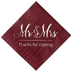 Wedding Napkins Mr Mrs Burgundy Silver Cocktail Beverage Dessert Disposable Napkins For Wedding Shower Engagement Party Decorations, Wedding Table Decor, 100 Pcs, 3-Ply