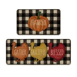 Artoid Mode Buffalo Plaid Pumpkin Turkey Thanksgiving Decorative Kitchen Mats Set Of 2, Fall Home Low-Profile Floor Kitchen Rugs-17x29 And 17x47 Inch