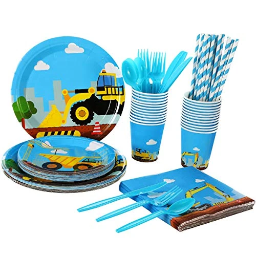 Construction Kids Birthday Party Supplies Set – Serves 24 Guests - Dump Truck Party Tableware Pack– Includes Excavator Paper Plates, Cups, Straws, Napkins, Knives, Spoons, Forks