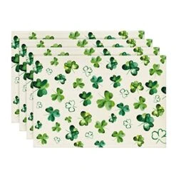 Lucky Shamrock St. Patrick's Day Placemats For Dining Table, 12 X 18 Inch Seasonal Holiday Rustic Vintage Washable Table Mats Set Of 4