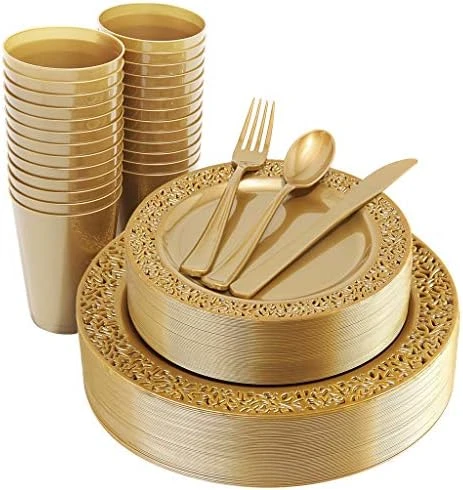00000 150 Pcs Rose Gold Plastic Plates & Silverware & Disposable Cups, Laced Design Includes 25 Dinner Plates 10.25" 25 Dessert Plates 7.5" 25 Tumblers 25 Forks 25 Knives 25 Spoons For Party - Image 7