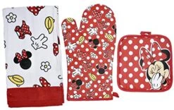 Disney Oven Mitt Pot Holder & Dish Towel 3 Pc Kitchen Set (Minnie Mouse Red)