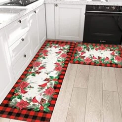 Pauwer Christmas Kitchen Rugs Set Of 2, Red Buffalo Plaid Poinsettia Flower Kitchen Floor Mat, Non Slip Anti Fatigue Kitchen Mats For Floor, Cushioned Kitchen Rug Set Christmas Decorations For Home