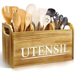 Brekle Rustic Kitchen Utensil Holder Larger Wooden Utensil Holder For Kitchen Counter 3 Compartment For Efficient Utensil Organizer And Cooking Tools Storage