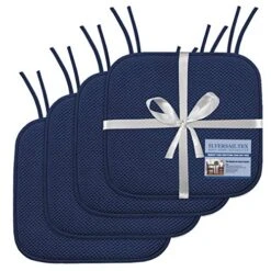 Premium Chair Cushions Memory Foam Chair Pads 4 Pack - 16x16 Inch Thick Soft Seat Cushion Pads Non Slip With SBR Backing And Straps - Durable Mats Pads For Lounge, Kitchen, Navy