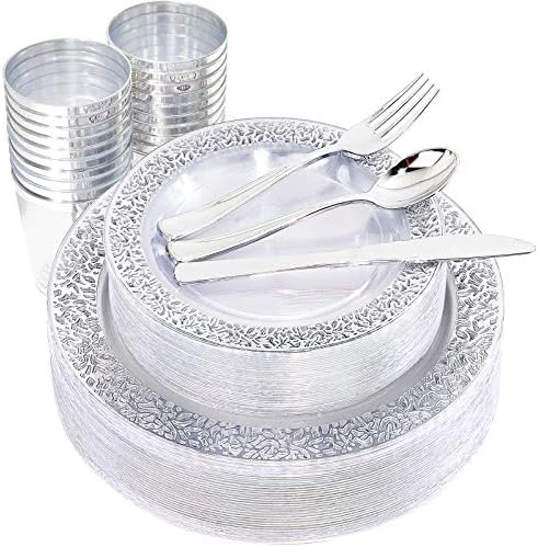00000 150 Pcs Rose Gold Plastic Plates & Silverware & Disposable Cups, Laced Design Includes 25 Dinner Plates 10.25" 25 Dessert Plates 7.5" 25 Tumblers 25 Forks 25 Knives 25 Spoons For Party - Image 9