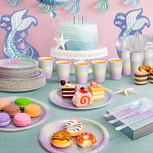 Mermaid Party Supplies, 350 PCS Disposable Dinnerware Set, Mermaid Paper Plate Napkin Cup Gold Plastic Fork Knives Spoon For Children's Day Girls Birthday Baby Shower Wedding Hawaii Ocean Party - Image 6