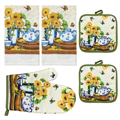 Kitchen Sunflower Dishtowel And Oven Mitts Set | Sunflower Kitchen Décor And Accessories| Sunflower Tea Towels With Oven Mitts And Pot Holders Sets | Sunflower Décor Kitchen Towel Set With Mitts