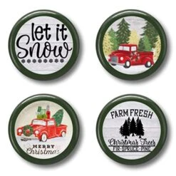 Holiday Farmhouse Kitchen Towel Set With Pot Holders Oven Mitt And Set Of Refrigerator Magnets Modern Farmhouse Decor - Red Truck (Dashing Through The Snow Truck)