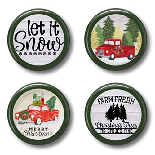 Holiday Farmhouse Kitchen Towel Set With Pot Holders Oven Mitt And Set Of Refrigerator Magnets Modern Farmhouse Decor - Red Truck (Dashing Through The Snow Truck)