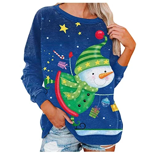 Womens Crewneck Sweatshirt Cute Fashion Christmas Print Long Sleeve Sweatshirts Loose Tops Pullover Top Streetwear