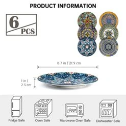 Ceramic Salad Dinner Plate 8.7 Inch, Colorful Plates Set Of 6 For Dessert, Appetizer, Snacks - Porcelain Serving Dishes For Thanksgiving & Christmas, Dinnerware Set - Bohemian Style