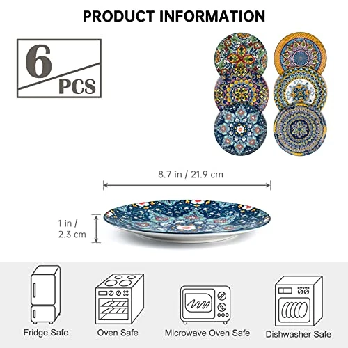 Ceramic Salad Dinner Plate 8.7 Inch, Colorful Plates Set Of 6 For Dessert, Appetizer, Snacks - Porcelain Serving Dishes For Thanksgiving & Christmas, Dinnerware Set - Bohemian Style