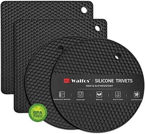 Silicone Trivet Mats - Walfos Heat Resistant Pot Holders Set, 4pcs 2 Sizes 7 Inch & 9 Inch, Multipurpose Non-Slip Hot Pads For Hot Pot, Hot Dishers, Jar Opener, Food Grade & BPA Free (Black) - Image 11