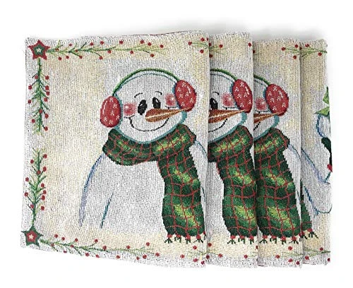 Magical Snowman Placemats - Set Of 4 Festive Holiday White Tapestry - Cotton Linen Woven Dining Table Mats - 13β X 19β (9733) - Image 2
