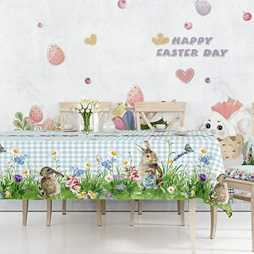 Easter Day Tablecloth Waterproof Fabric Cute Bunny Blue Buffalo Check Rectangle Table Cloth 60x84inch Happy Spring Party Dinning Room Table Decoration Cloth, Blue And White - Image 3