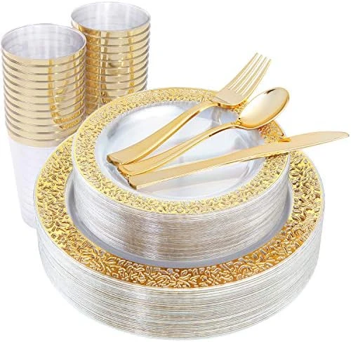 00000 150 Pcs Rose Gold Plastic Plates & Silverware & Disposable Cups, Laced Design Includes 25 Dinner Plates 10.25" 25 Dessert Plates 7.5" 25 Tumblers 25 Forks 25 Knives 25 Spoons For Party - Image 6