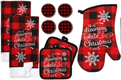 Holiday Farmhouse Kitchen Towel Set With Pot Holders Oven Mitt And Set Of Refrigerator Magnets Modern Farmhouse Decor - Red Truck (Dashing Through The Snow Truck) - Image 6