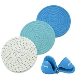 Lue Potholders Set Trivet Set - Blue Kitchen Accessories - 100% Cotton Hot Pads 7 Inches Diameter - Silicone Mitts For Hot Pots And Pans - Ideal For Cooking And Baking