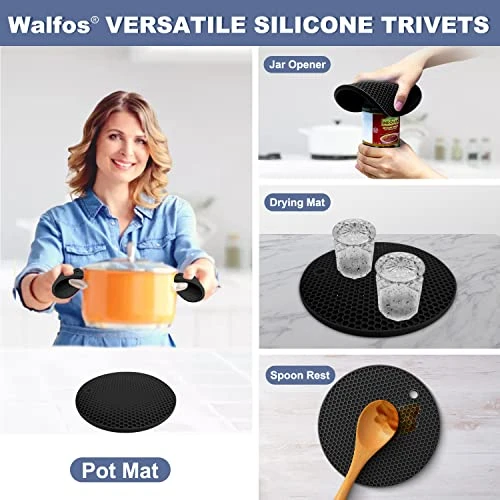 Silicone Trivet Mats - Walfos Heat Resistant Pot Holders Set, 4pcs 2 Sizes 7 Inch & 9 Inch, Multipurpose Non-Slip Hot Pads For Hot Pot, Hot Dishers, Jar Opener, Food Grade & BPA Free (Black) - Image 3