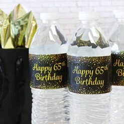 Black And Gold 65th Birthday Party Water Bottle Labels - 24 Stickers