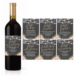 6 Chalk Flower Wedding Milestones Gift Wine Bottle Labels Or Sticker Covers, Rustic Floral Bridal Shower Bachelorette Engagement Party Present Perfect Best Registry Bride To Be Firsts For The Newlywed