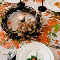 On-Iron Stain Resistant Thanksgiving Table Cloth – Fall Leaves Table Cover Home Dining Room Table Protection - Stylish Ivory Thanksgiving Decorations, Round 60"