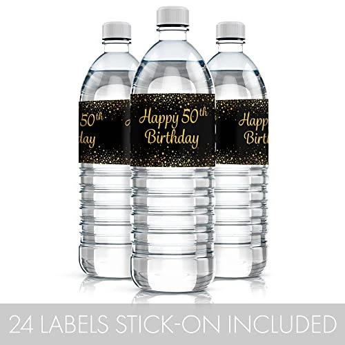 Black And Gold 50th Birthday Party Water Bottle Labels - 24 Stickers - Image 4