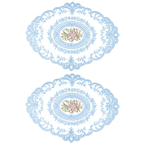 Lace Placemat Lace Doilies Table Runner Retro French Style Table Topper Coasters Blue Cup Mat Oval Dresser Scarf Doily For Wedding Birthday Dinner Party Home Decor 2Pcs