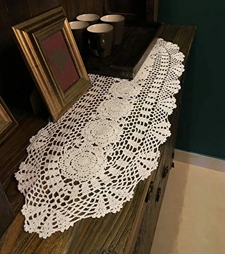 Janef White Handmade Crochet Cotton Table Runner Lace Doilies Doily Oval Dresser Scarves,11.8 By 35 Inches. - Image 2