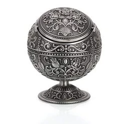 Vintage Windproof Ashtray With Lid Tabletop Portable Cigarette Ashtray For Outdoor Indoor Metal Push Down Ashtray Smoking Ash Tray Hand Stamped Pattern Gift For Men Women (Rose Tin)