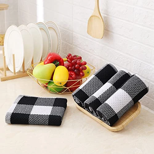 100% Cotton Waffle Weave Check Plaid Kitchen Towels, 13 X 28 Inches, Super Soft And Absorbent Dish Towels For Drying Dishes, 4-Pack, White & Black - Image 4
