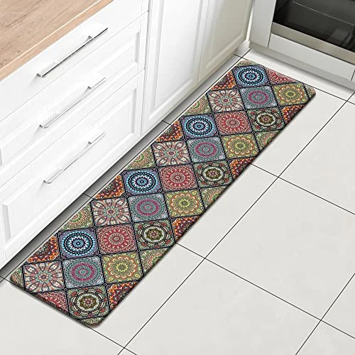 QiyI Floor Comfort Mat 1 Piece Kitchen Rug PVC Leather Waterproof Oil Proof Runner Rug Non Skid Laundry Standing Mat Anti Fatigue Foam Cushioned Doormat 17" W X 71" L - Ethnic Traditional Pattern - Image 2