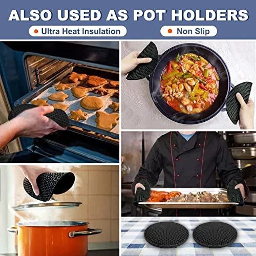 Silicone Trivet Mats - Walfos Heat Resistant Pot Holders Set, 4pcs 2 Sizes 7 Inch & 9 Inch, Multipurpose Non-Slip Hot Pads For Hot Pot, Hot Dishers, Jar Opener, Food Grade & BPA Free (Black) - Image 2