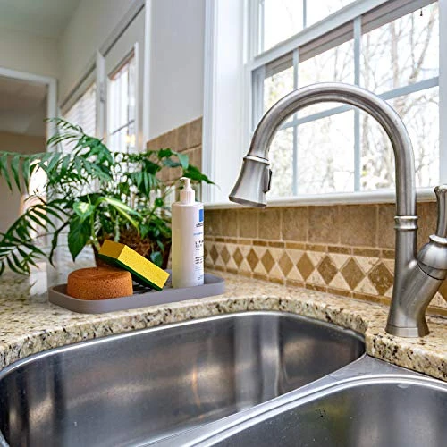 Kitchen Sink Organizer | Silicone Sponge Holder - Storage Tray For Dish Sponge, Soap Dispenser, Scrubber 9.6"x 4.9" (Gray) - Image 5