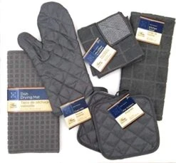 Kitchen Towel Set With 2 Quilted Pot Holders, Oven Mitt, Dish Towel, Dish Drying Mat, 2 Microfiber Scrubbing Dishcloths (Gray)